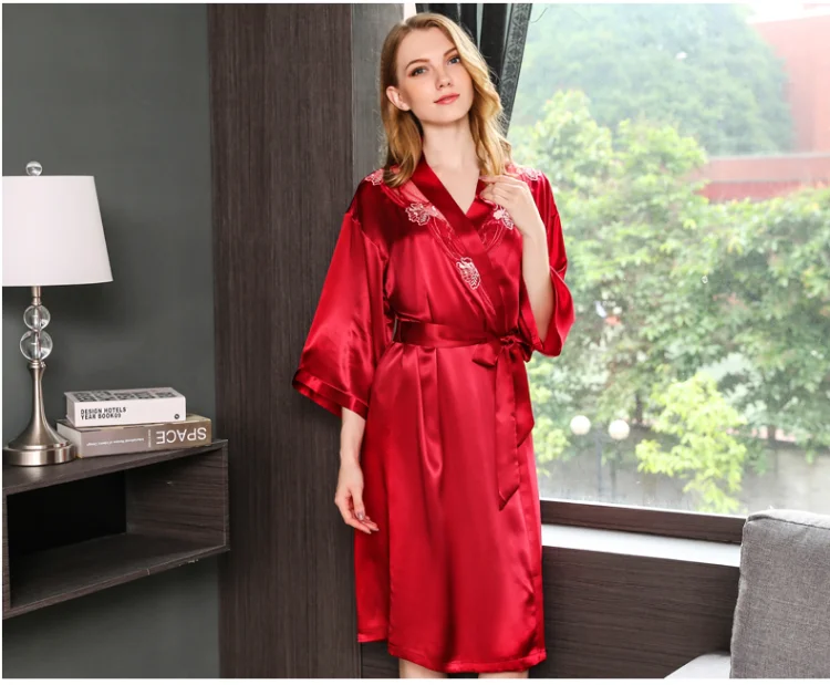 100% шелковый халат и платье комплект Для женщин 2019 шелк пятно Кружева Вышивка Красный Розовый Синий пижамы платья рубашки домашний халат