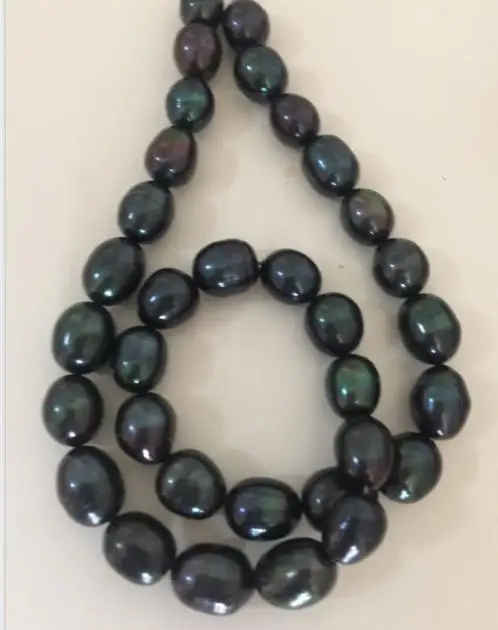 

elegant 12-13mm tahitian black green baroque pearl necklace 18inch 925silver