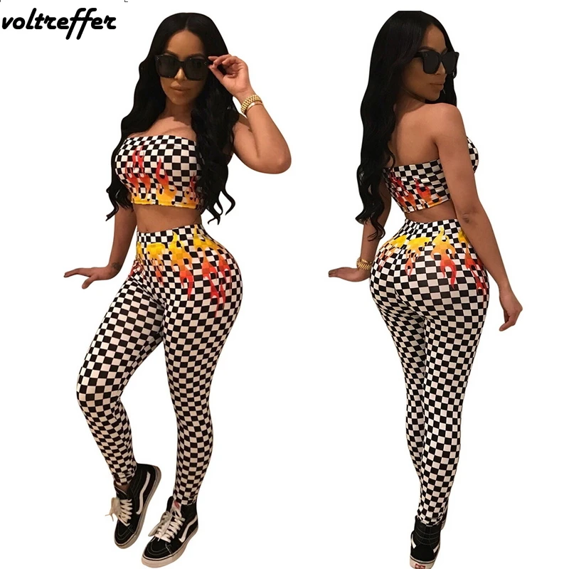 2018 Summer Fire Plaid Print Two Piece Set Bandage Bodycon