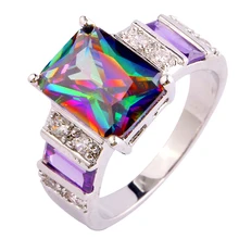 Lingmei mujer hombre misterioso joyería del partido rainbow cz amatista cz blanco Anillo de plata Talla 6 7 8 9 10 11 12 13 venta al por mayor