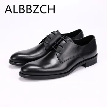 

Simple elegant genuine cow leather men shoes businss office work dress shoes quality wedding shoes pointed toe laces derby shoes