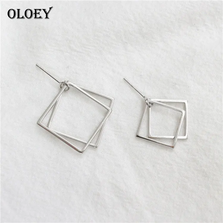 

OLOEY Double Square Geometry Stud Earrings for Women Girls Real 925 Sterling Silver Earring Brinco Fine Jewelry Gift YME097