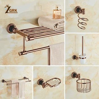 

ZGRK Rose Golden Bathroom Accessories Carved Copper-Alloy Hardware Set Wall Mounted Bathroom Hardware Kit