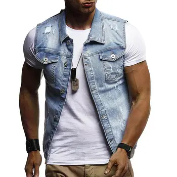 

Denim Jacket Men Vest Hole design Outerwear Streetwear Jacket Coat Mens Coats Male Vest Sleeveless Blue Black White