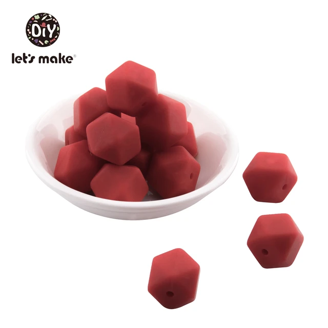 Let's Make Silicone Beads Hexagon Beads 14mm 10pc Food Grade Silicone Teether DIY Pacifier Clips Beads Necklace Baby Teether Red