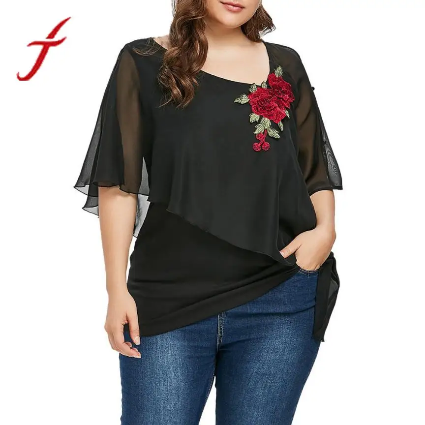 Buy FEITONG 2019 Fashion Rose Embroidery Women Blouse V Neck Lrregular Hem Plus