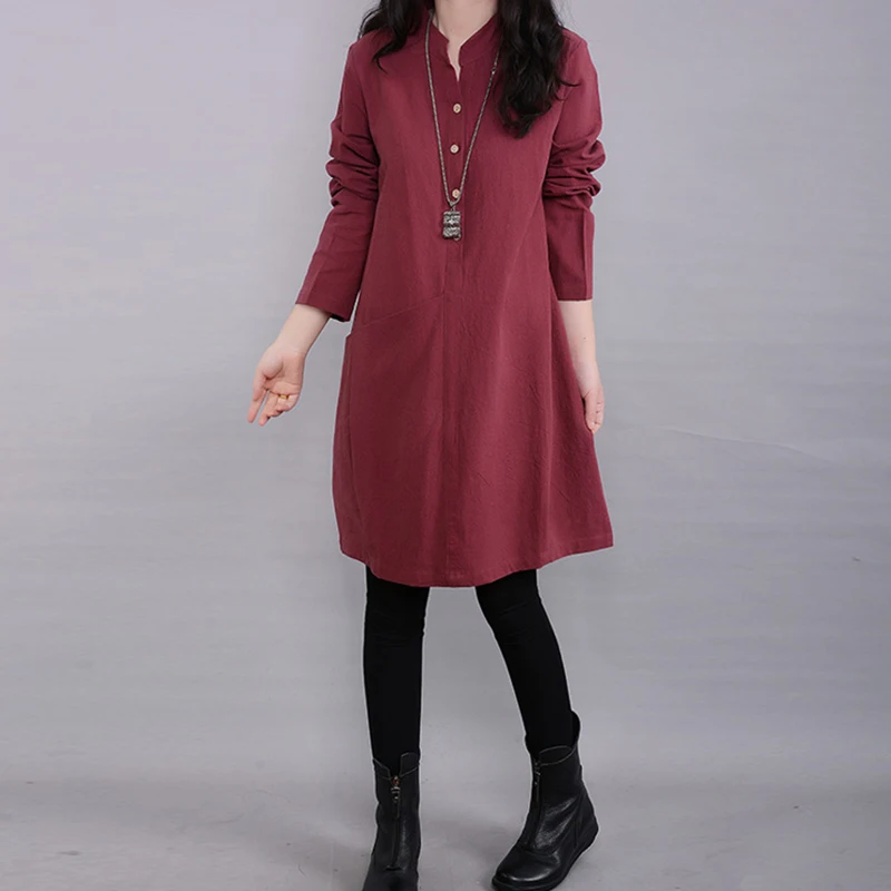 Cotton Linen Women's Long Sleeve Dress Ladies Solid Casual Loose Party Dress New