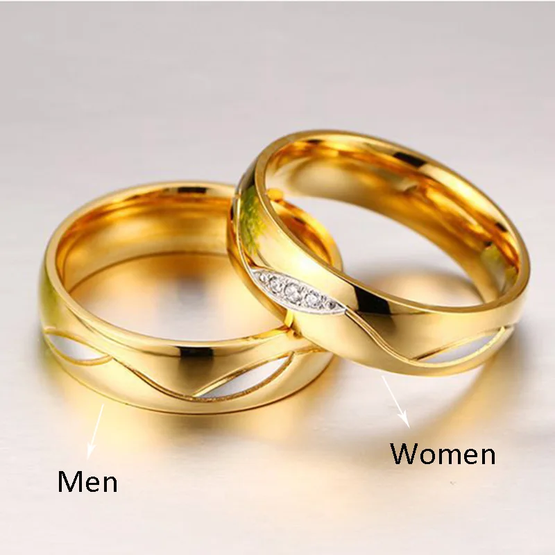 Парные кольца из нержавеющей стали с кристаллами 6 мм, кольца для влюбленных золотого цвета, обручальные кольца, вечерние ювелирные изделия, подарки Aneis