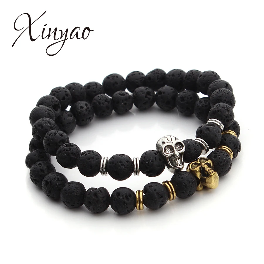 

XINYAO 8mm Natural Lava Stone Beads Bracelets For Women Men Antique Gold Silver Skull Pendant Charm Bracelet Bangles Jewelry