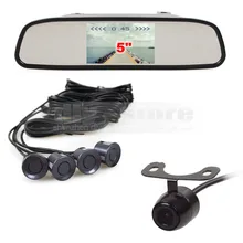 DIYKIT 5 Inch Rear View Mirror Car Monitor Kit + Rear View Car Camera Video Parking Radar + 4 Sensors