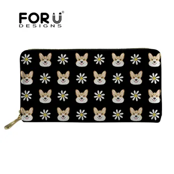 

FORUDESIGNS Corgi Welsh Corgi Daisy Flowers Brand Women's Purse Leather High Qualtiy Travel Ladies Phone Card Holder Zipper Case