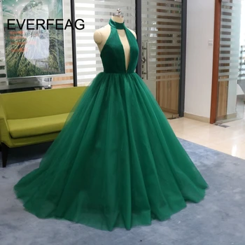 

Real Picture Green Long Prom Dresses 2020 Sexy Backless Halter Tulle Princess Gowns Vestido De Formatura Formal Evening