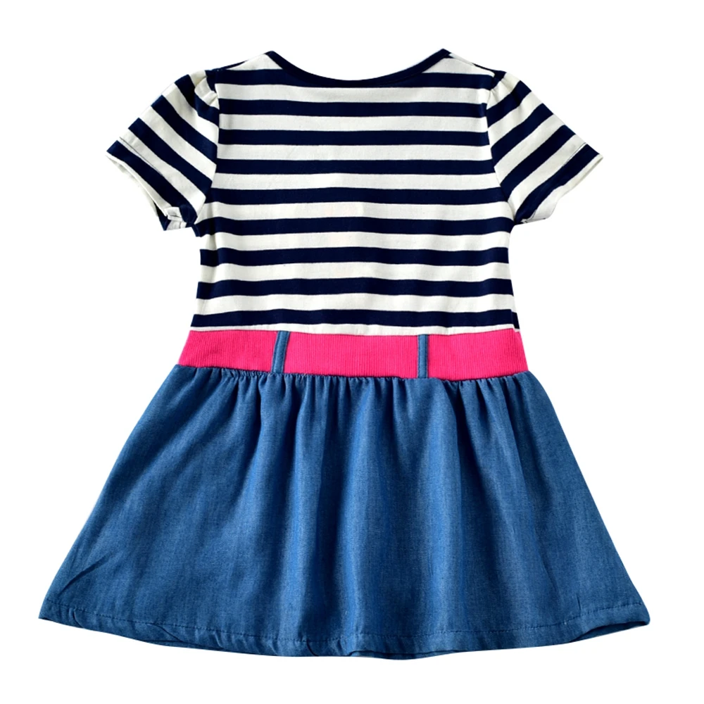 Girls Baby Short Sleeve Cartoon Dress Summer New Kids Wearing Denim Belt Dress Round Neck Embroidered Short Sleeve Dress H7123