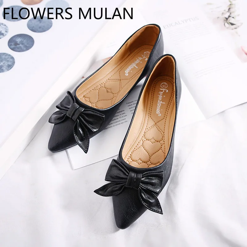 Spring New 2019 Black White Leather Bowtie Butterfly-knot Shoes Woman Pointed Toe Flat Rubber Heel Loafers Women Slip On Zapatos | Обувь