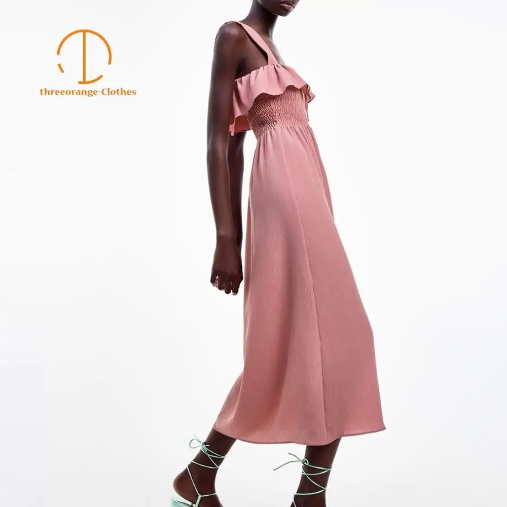

Summer Evening party dress women pink wide straps sleeveless ruffles neck adjustable bow knot lace-up elegant lady maxi dresses