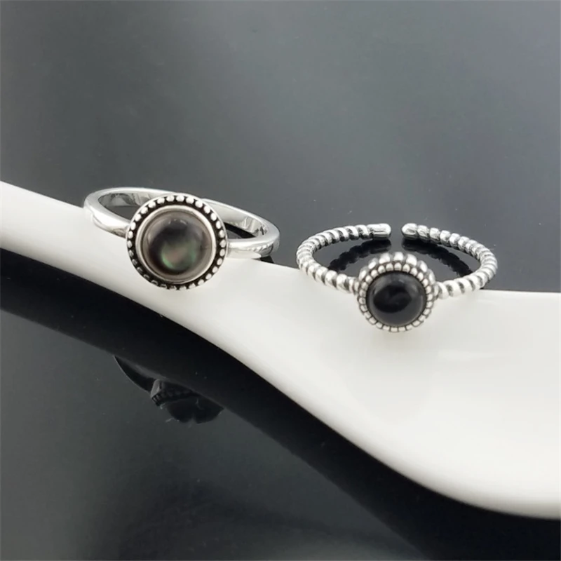 

925 Sterling Silver Black Natural Stone Women Open Ring Vintage Antique Thai Silver Shell Mother of Pearl Onyx Agate Retro Rings