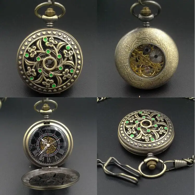 H260 бронзовый тон случае мужские часы с гравировкой скелета ручной намотки механические карманные часы с цепочкой Изящные подарочные