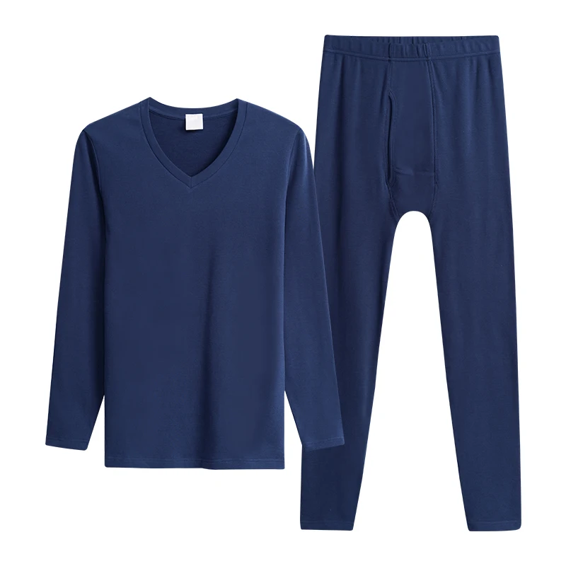THREEGUN, зимнее плотное термобелье, два предмета, штаны+ Топ, мужские кальсоны, v-образный вырез, теплый, для фитнеса, термобелье, набор, круглый воротник - Цвет: Navy blue (v neck)