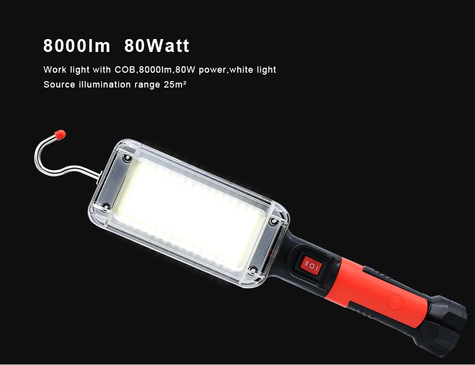Coba светодиодный рабочий светильник, cob прожектор, светильник 7500LM, перезаряжаемая лампа, 2*18650, батарея, светодиодный портативный магнитный светильник, на крючках, водонепроницаемый