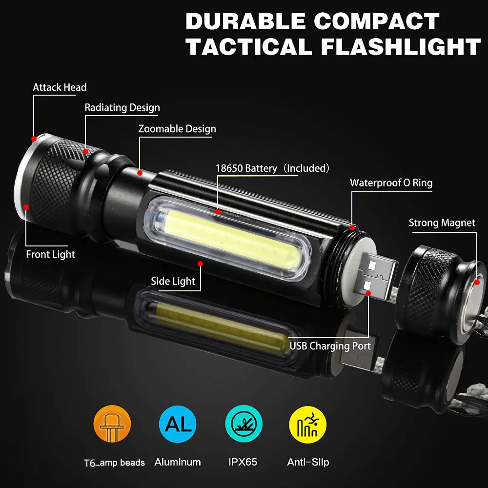 2000 лм Многофункциональный светодиодный светильник-вспышка с USB перезаряжаемой батареей Мощный T6 фонарь боковой COB светильник linterna задний Магнитный рабочий светильник