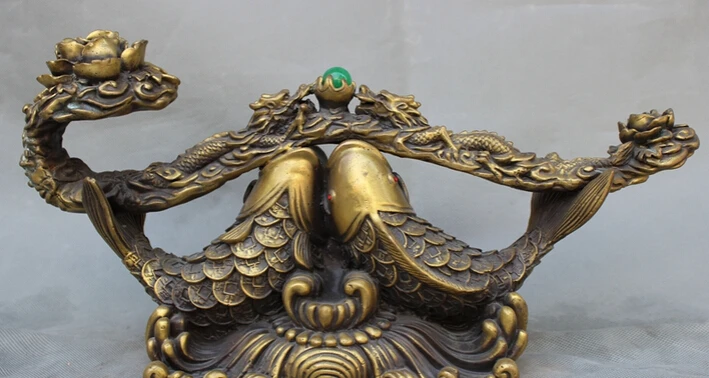 

Collectible bronze S1315 15" Chinese Bronze Ornament Dragon Head Lotus RuYi On 2 Wealth Coin Fish Statue