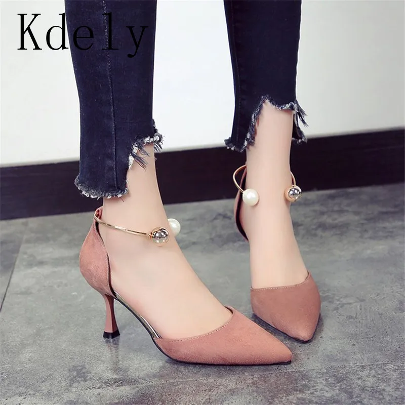 Elegant Pearl Metal Buckle Show Thin Women's Sandals Solid Patent Leather Pointed Toe Fashion Brand High Heels Shoes Women | Обувь