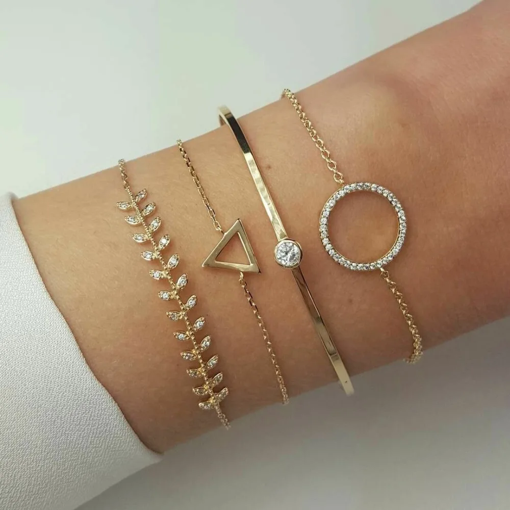 

4 Pcs/Set Gold Crystal Round Triangle Charm Bracelets Bangles Set Simple Link Chain Crystal Leaf Bracelet Cuff Bangles 2019 New