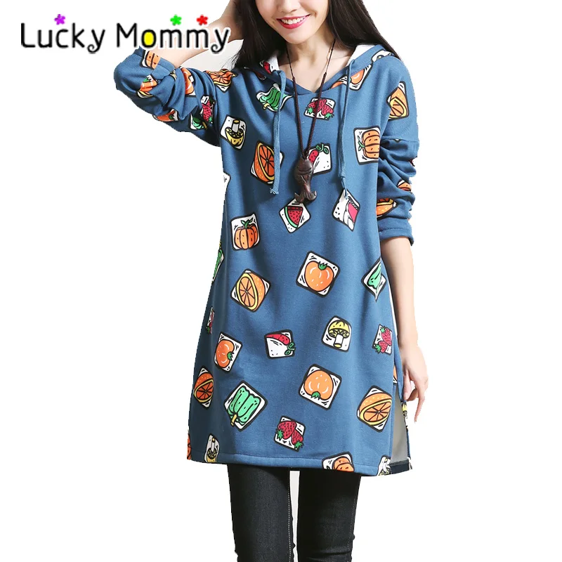 

Casual Fruit Print Warm Maternity Hoodies With Hat Plus Velvet Pregnancy Clothing Winter Autumn Clothes for Pregnant Women
