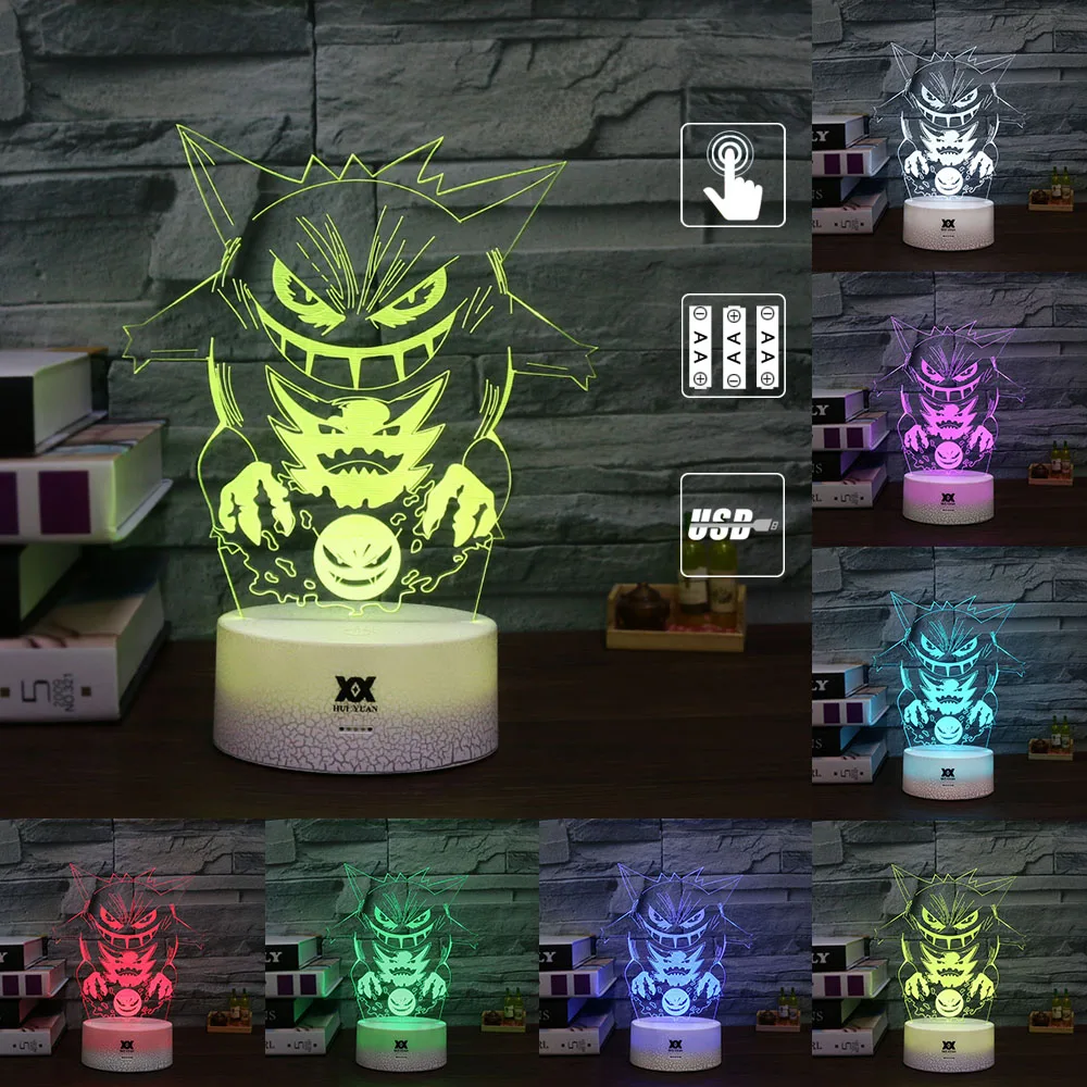 Billig Neue Pokemon Gengar 3D Lampe Kühle Bunte LED Nacht Licht USB Weiß Basis Cartoon Dekorative Schreibtisch Lampe Kind Weihnachten Geschenk