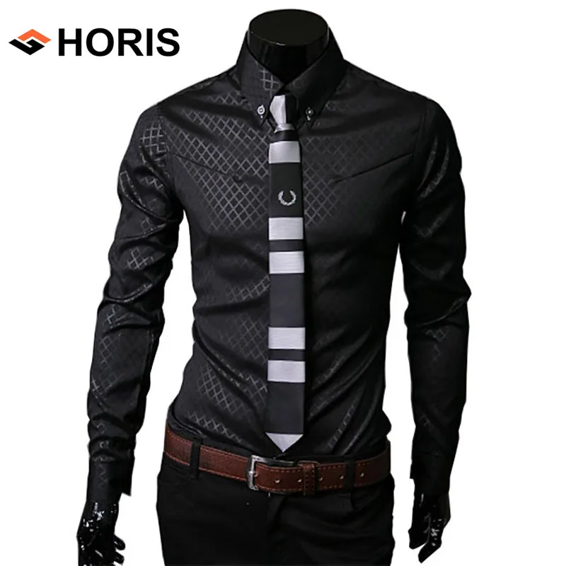 Mens Social Rhombic Plaid Dress Shirt Long Sleeve Luxury Slim Fit