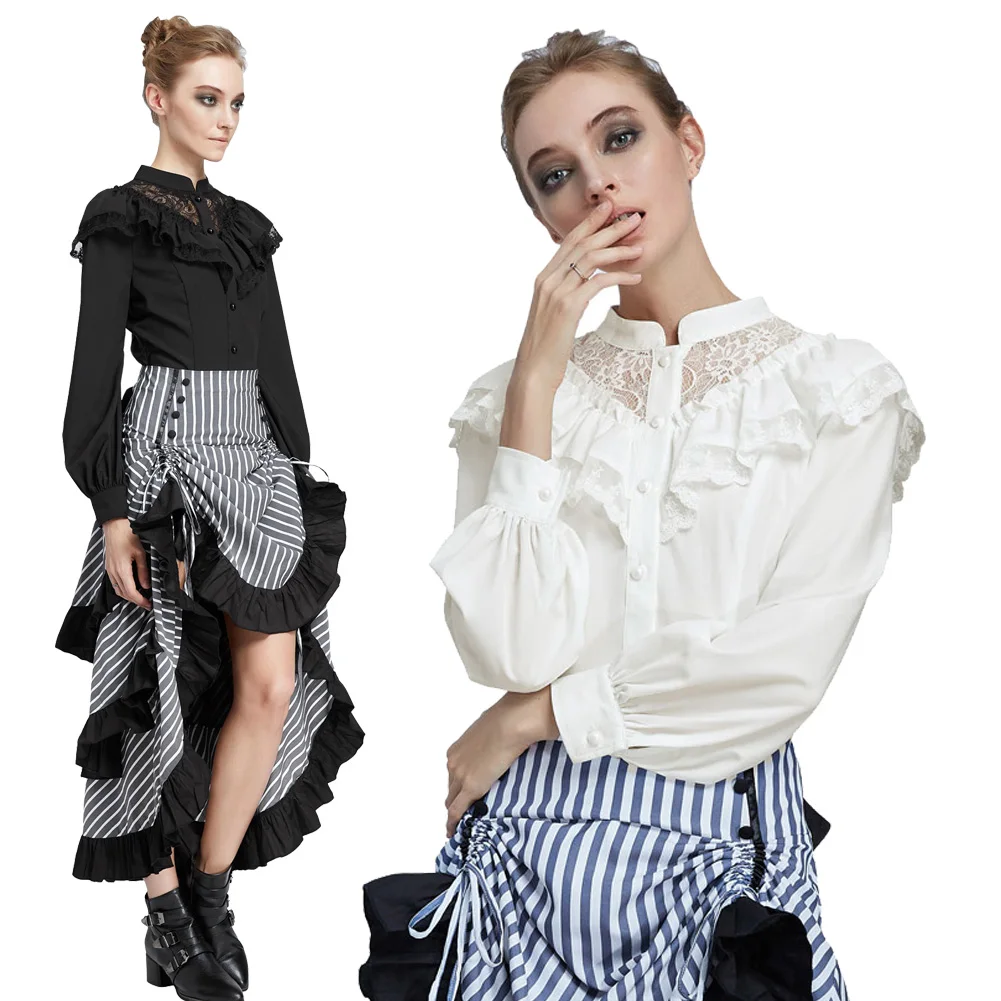 gothic shirt Women vintage blouses spring fall ladies Renaissance Long Sleeve Stand Collar Ruffle Decorated Shirt clubwear Tops