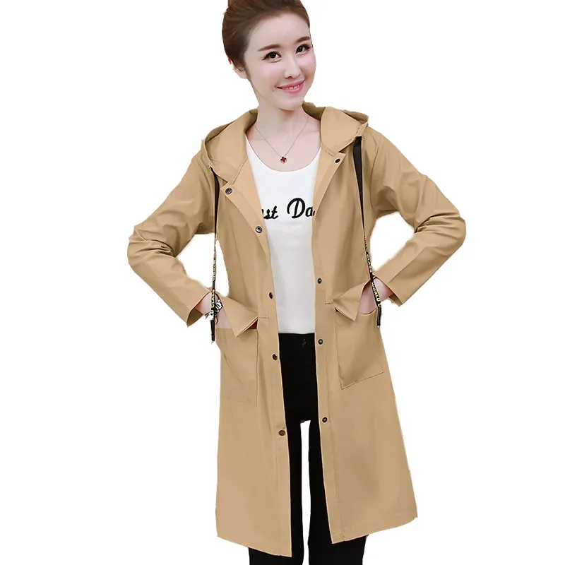 

Plus Size Spring Women Trench Coat 2019 New Casual Fashion Long-Sleeve Hooded Single-Breasted Pockets Long Coat Thin Windbreaker