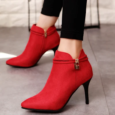 Women Boots Nubuck Leather Stiletto Thin High Heels Pointed Toe Style ...