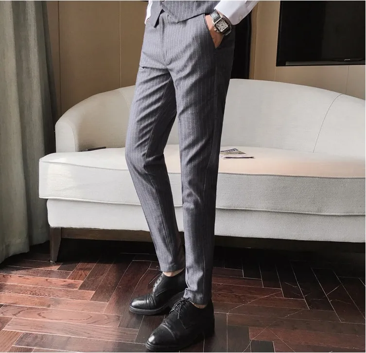 Формальные Брюки для Для мужчин Stripe Slim Fit костюм Бизнес свадебные Брюки Модный прямой Повседневное высокое качество Для мужчин s Брюки A5570