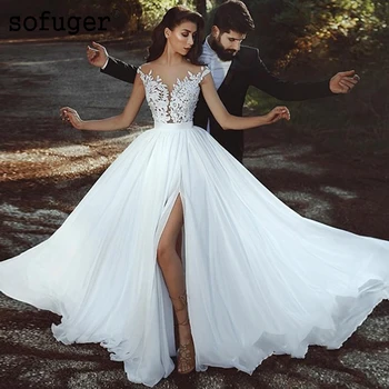 

2019 Sexy Beach V-neck Elegant Chiffon Illusion Bridal Gown Wedding Dresses Vestidos de Noivas Custom White Ivory High Slit