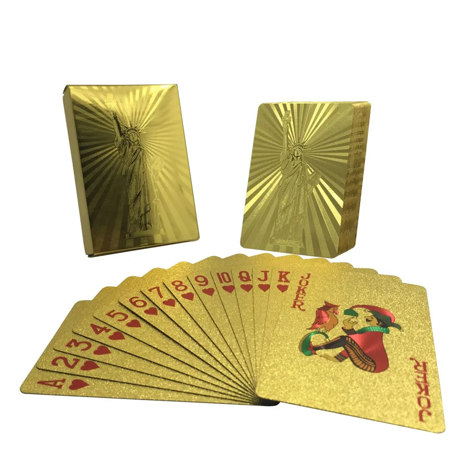 Washable 24K Golden Statue Of Liberty Playing Cards 54pcs PVC Waterproof Poker Game Deck Plastic Gold Plated Foil Poker Card Set (5)