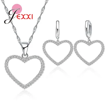 

Free Shipping Solid 925 Sterling Silver Romantic Hollow Heart Design Pendant Necklace Hoop/Dangle Earring Jewelry Sets
