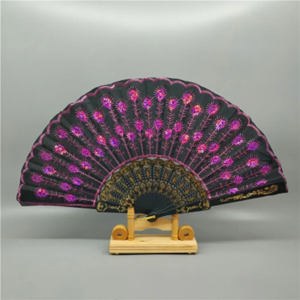 

Portable Handy Peacock Pattern Folding Hand Fan Embroidered Sequin for Party Wedding Prom Dance Use Good Decoration