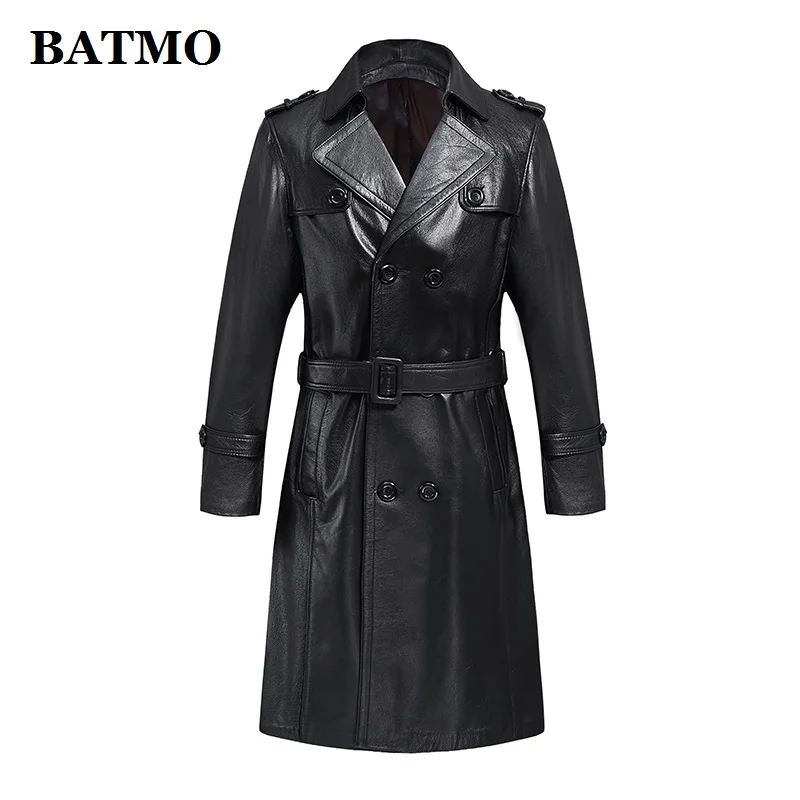 

BATMO 2019 new arrival 100% natural cow leather long jackets men,men's Double Breasted leather trench coat,custom-made N008