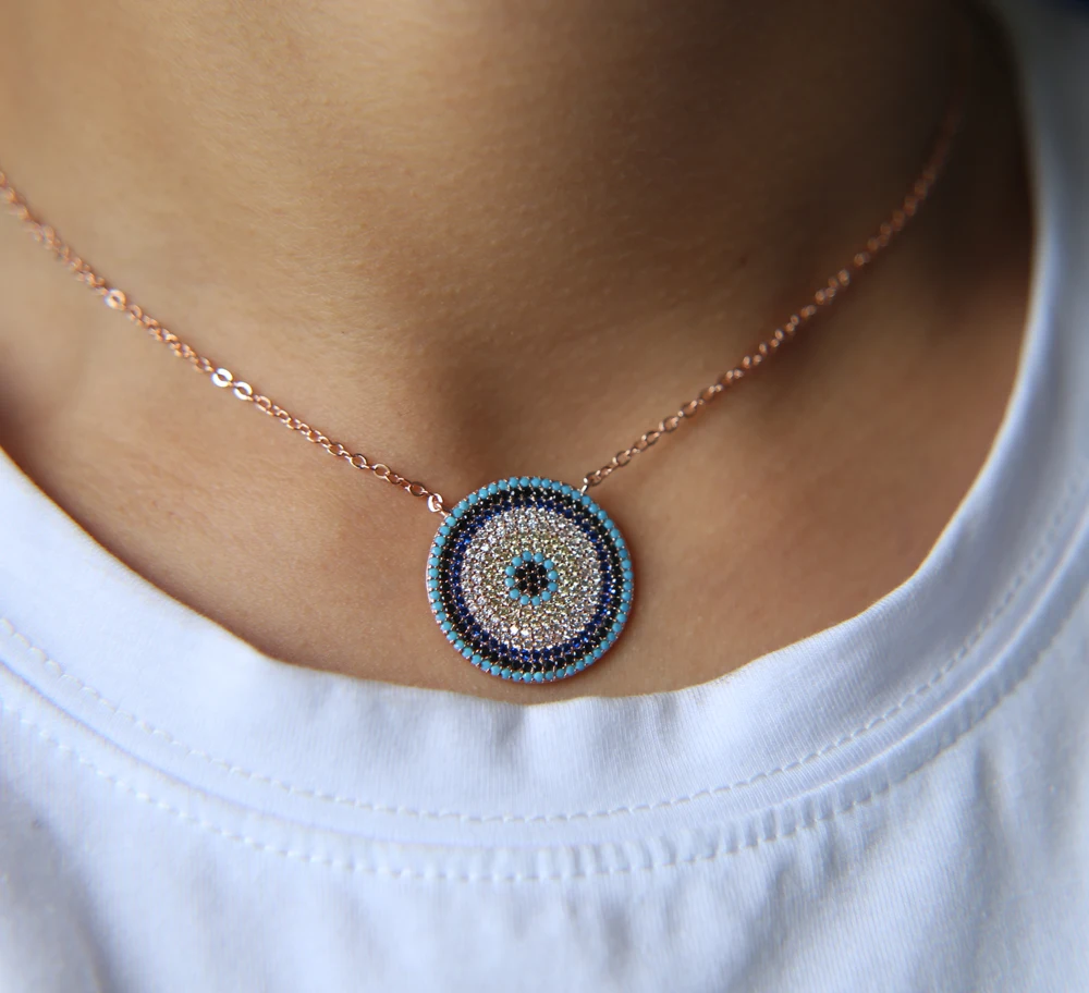 

2017 girl summer design big micro pave cz disco round pendant women lady rose gold color turquoises fashion necklace