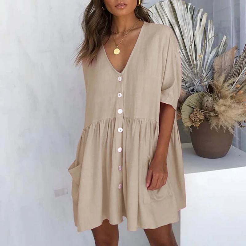 

2019 Spring V-neck Button Mini A-Line Dress Women Half Sleeve Elegant Pleated Party Dress Femme Pocket Loose Beach Dress Vestido
