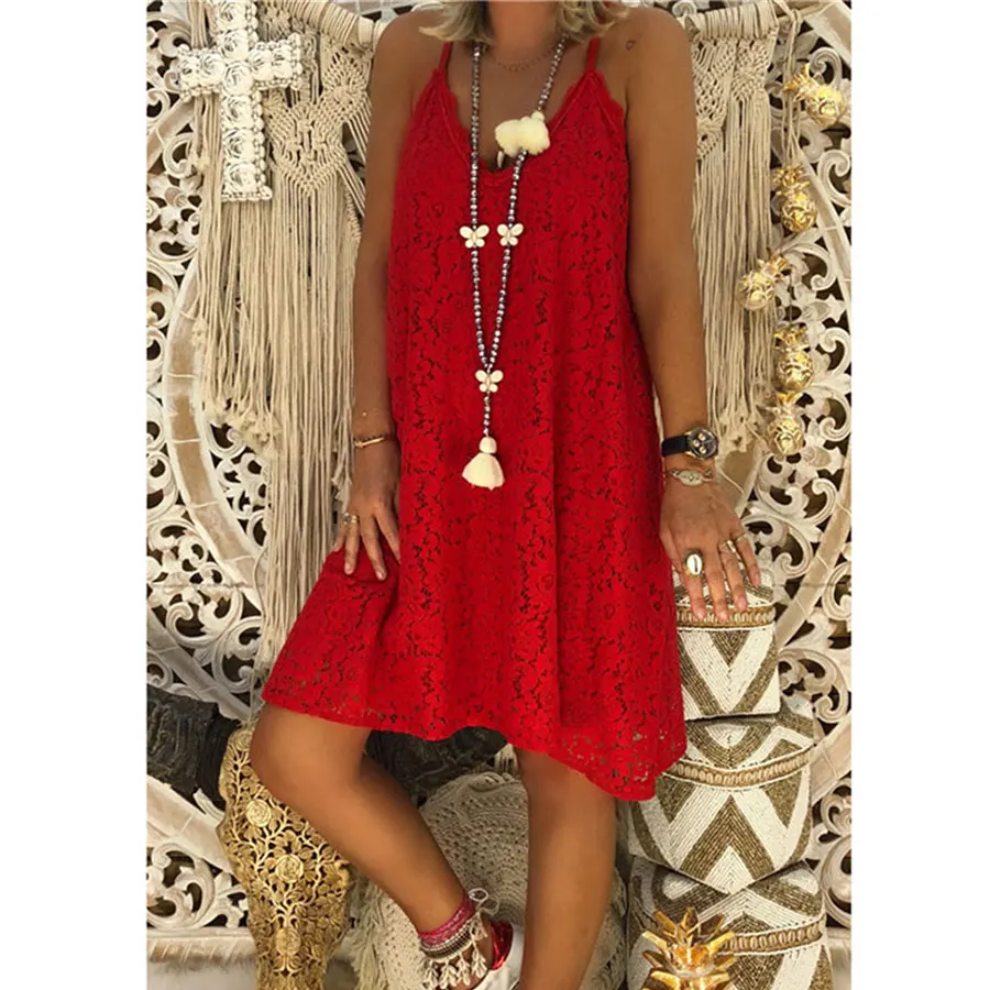 

Sexy Loose Lace Dress Women Solid V-Neck Hollow Out Spaghetti Strap Summer Dress Fashion Casual Plus Size Ladies Beach Dresses