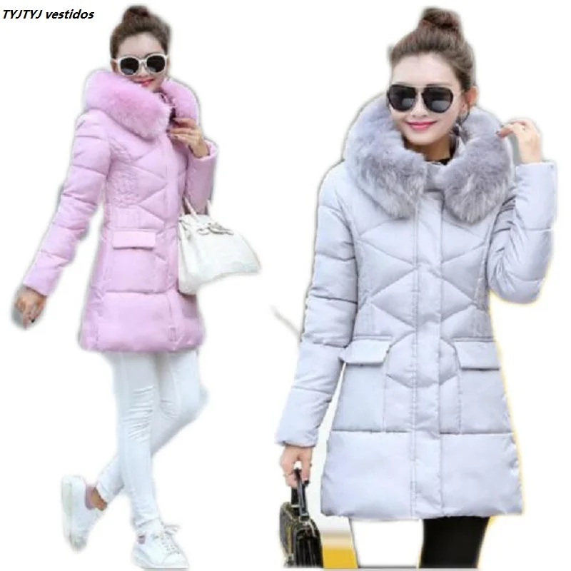 New 2017 women winter coat wadded jacket medium long plus size 2XL Parka fur collar hood