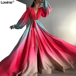 2019 Новое поступление Красочная ткань глубокий v-образный вырез платья знаменитостей длинные рукава, красное ковер платья знаменитостей