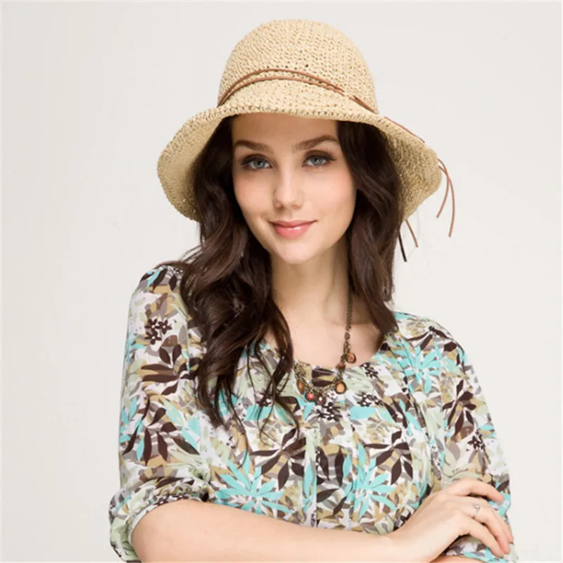 Fashion Women Raffia Grass Straw Sun Hat Elegant Lady Dome Bucket Cap