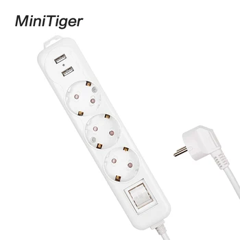 

Minitiger Power Strip Dual USB Charge Port 3 AC EU Outlet Socket Extension Plug Power Button Surge Protector 2M Pure Copper Wire