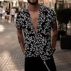 Мужские свободные рубашки с короткими рукавами и принтом «листья» с отложным воротником, открытая строчка, уличная Мужская рубашка 2019