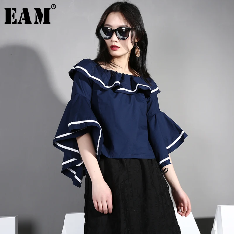 

[EAM] 2019 Spring Summer Slach Neck Long Sexy Flare Sleeve Ruffles Split Joint Loose Shirt Women Blouse Fashion Tide CH1550