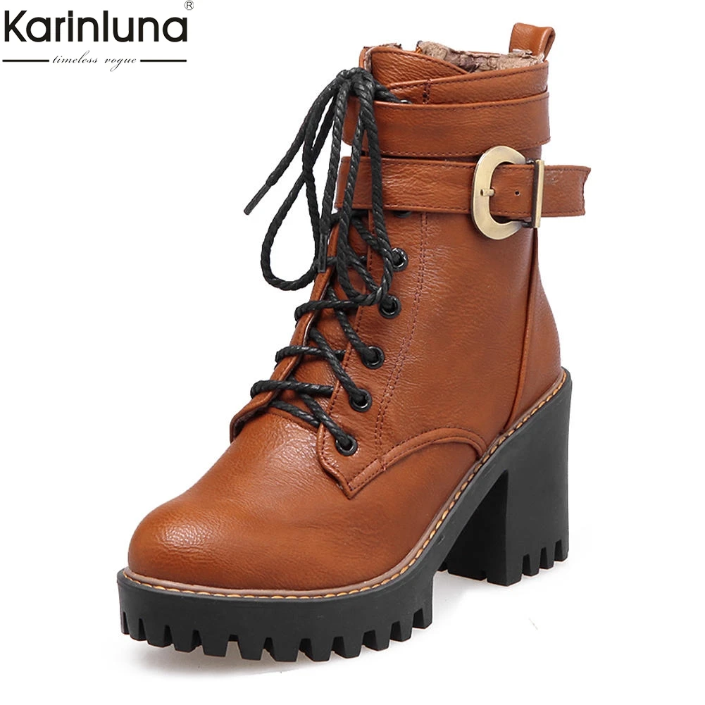 Cena KARINLUNA Plus rozmiar 33 43 klamry sznurowadła jesień zima buty kobiet buty do kostki buty na wysokim obcasie hurt, na buty kobieta