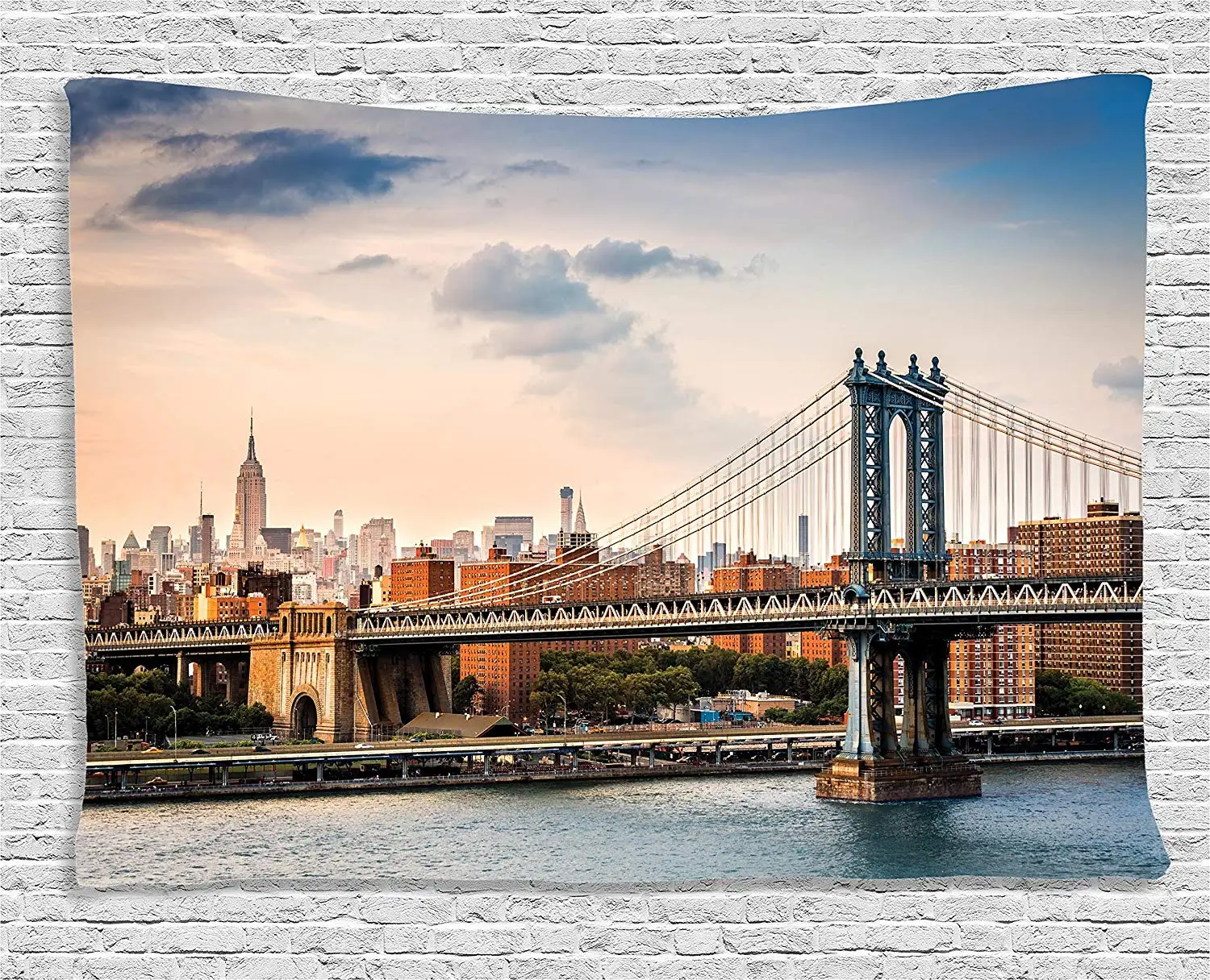 NYC декор гобелен Манхэттенский мост горизонт Нью Йорка на закате Восточный край